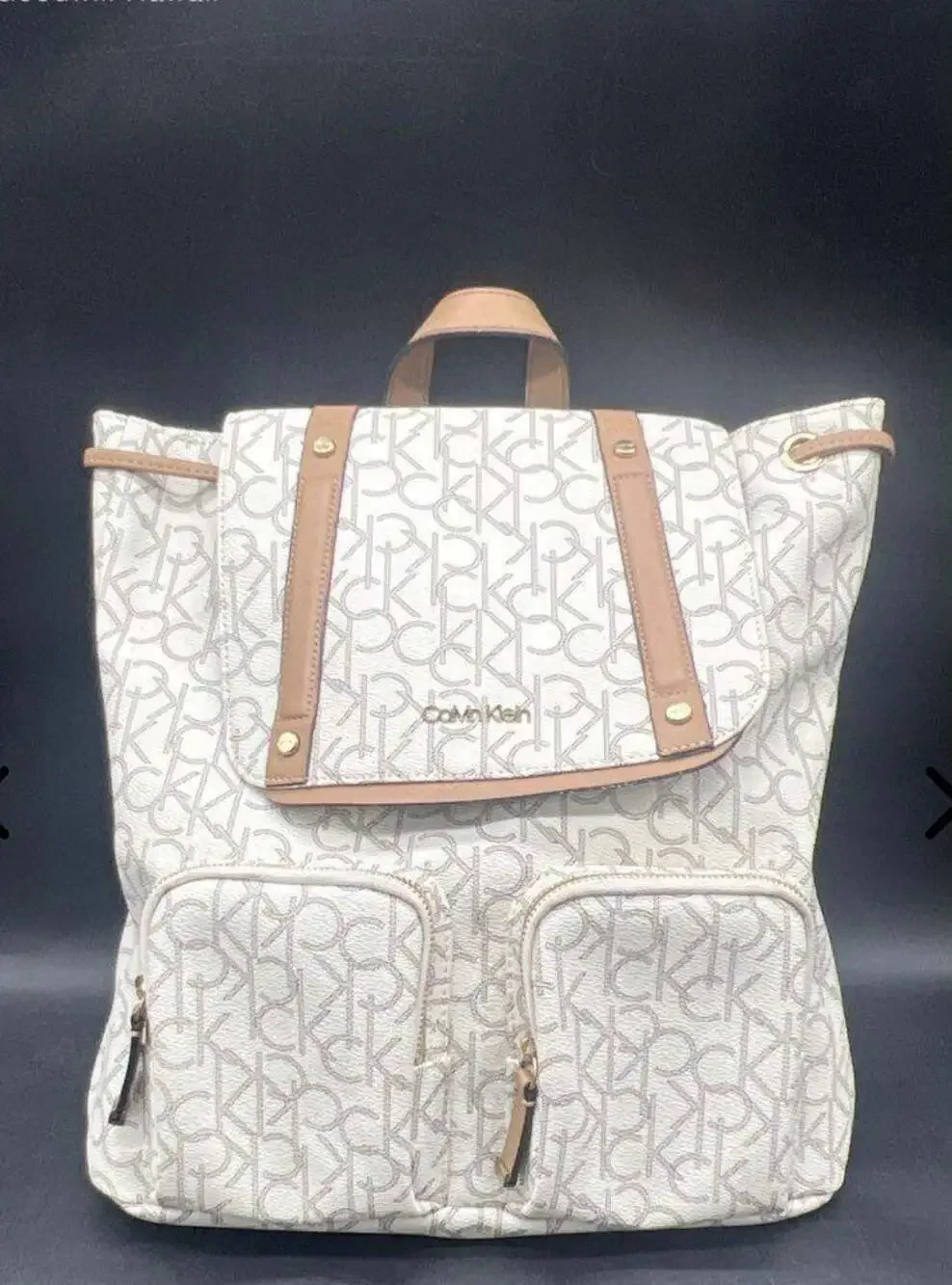 Calvin Klein White and Tan Logo Backpack